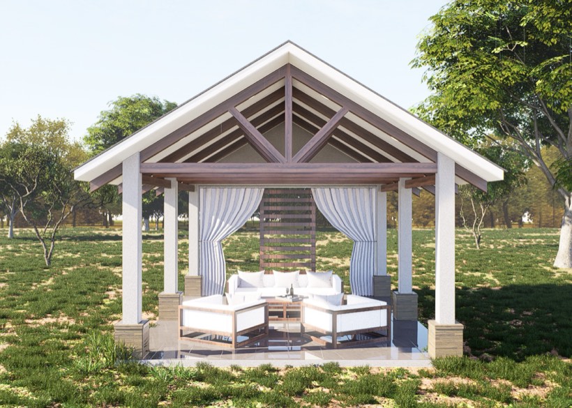 Garden cabana in daylight with open gable.