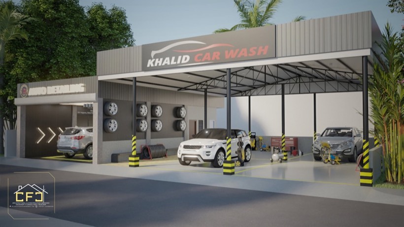 Car wash facility with covered service bays.