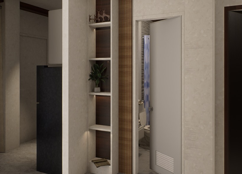Bathroom approach with open shelving.