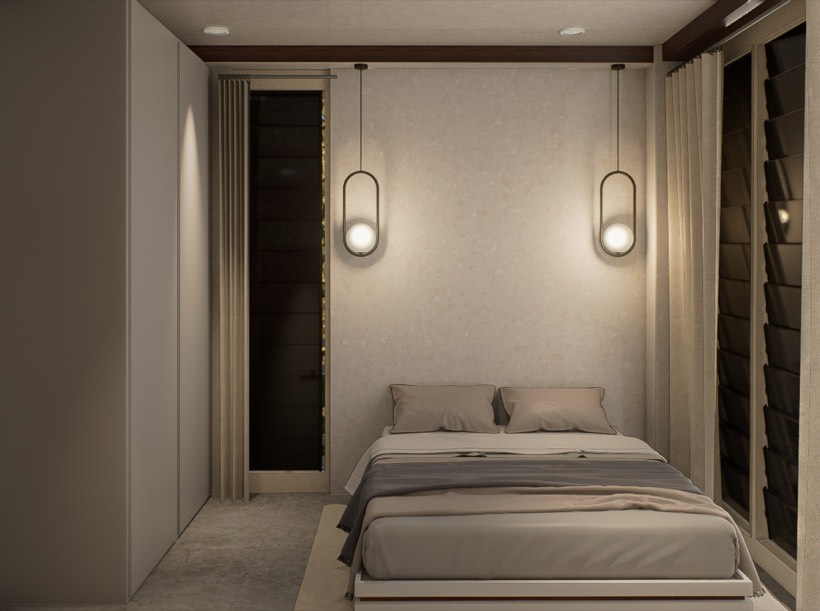 Master bedroom with paired pendant lights.