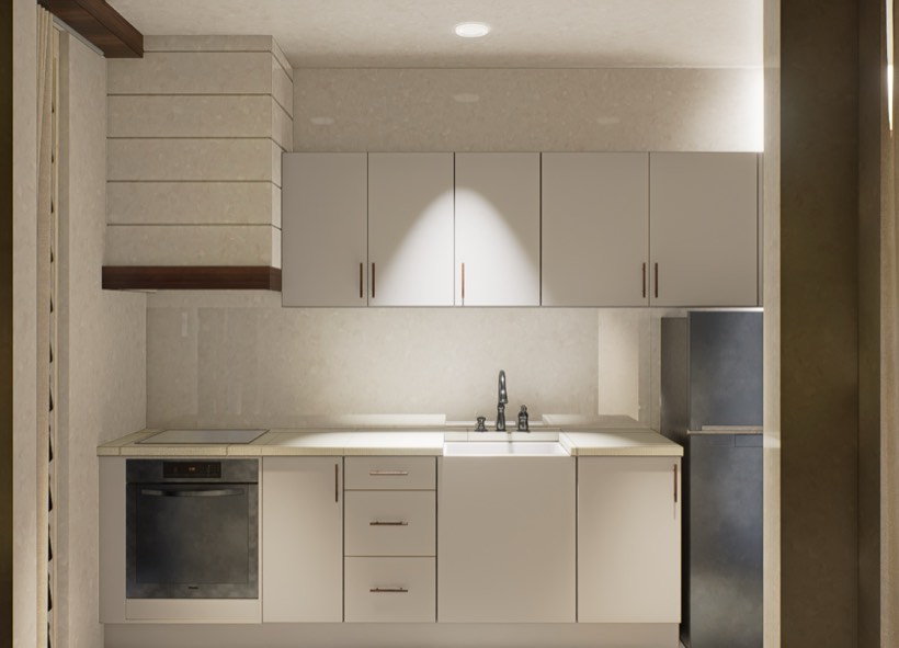 Kitchen elevation with range hood and cabinetry.