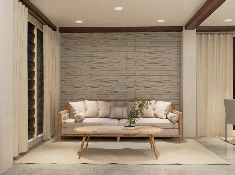 A living area rendered in full detail before construction.