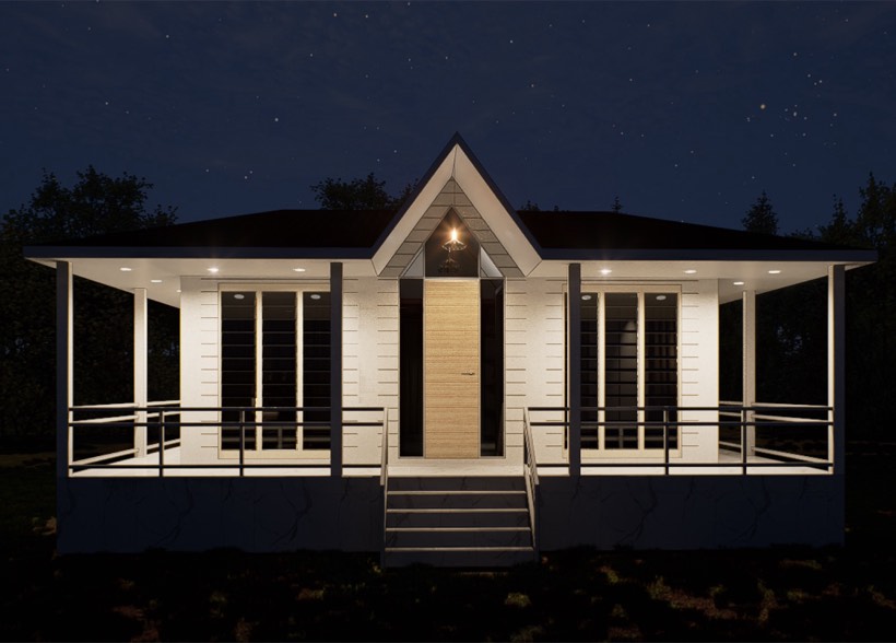 Farmhouse front at night with warm porch lights.