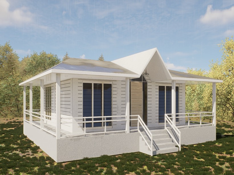 Three-quarter perspective showing the veranda wrapping the corner.