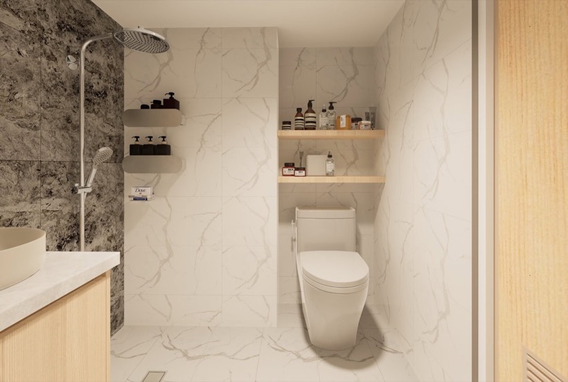 Bathroom with recessed niche shelving.
