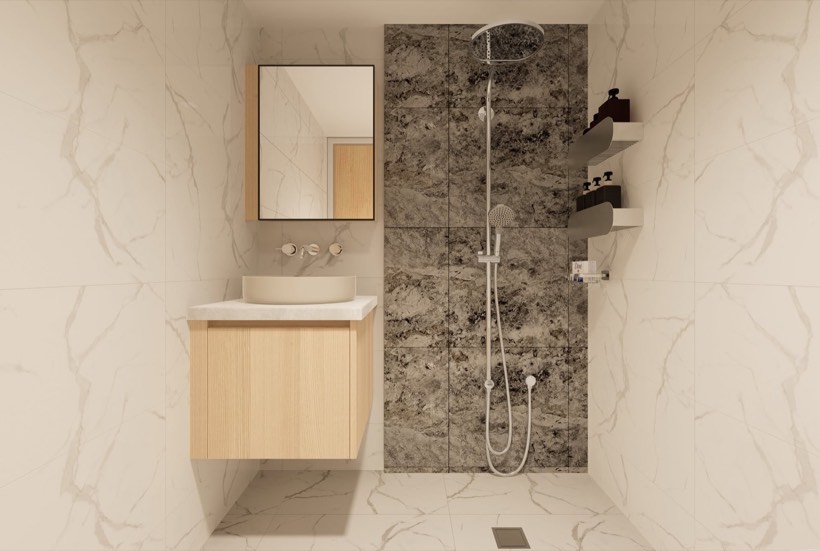 Bathroom in marble-look tile.