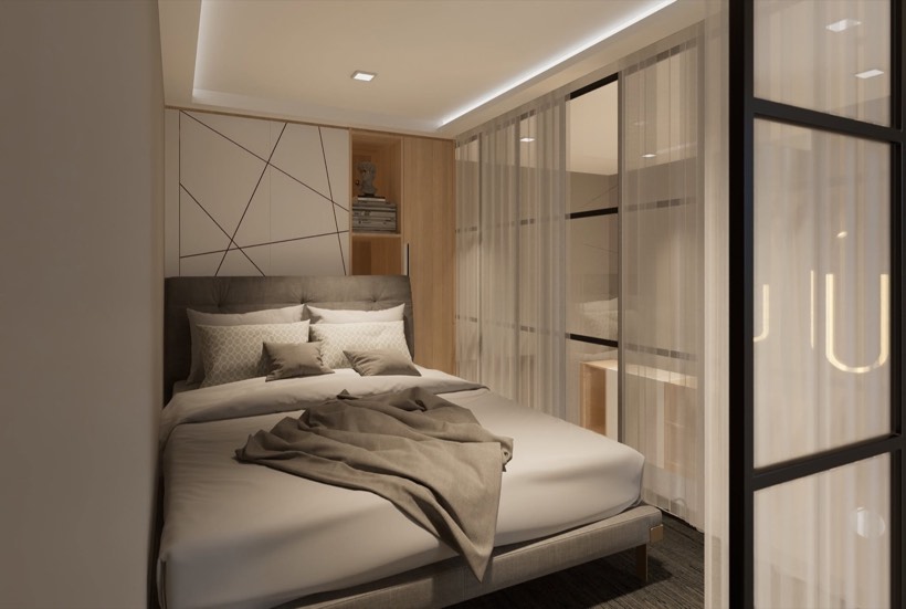 Bedroom with geometric inlay headboard.