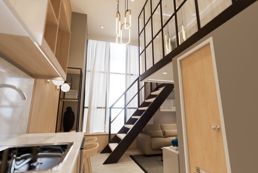Double-height loft with black steel stair.