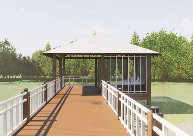 Timber boardwalk leading to the pavilion.