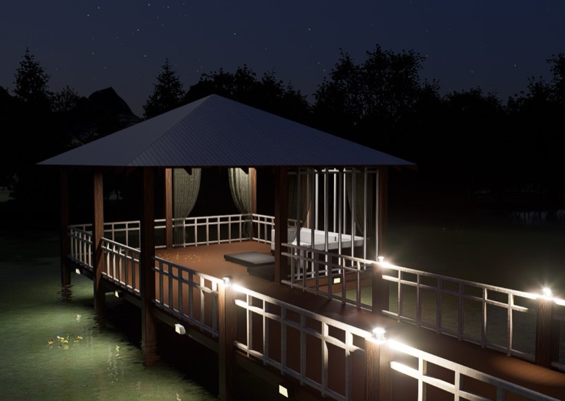 Pavilion at night, railing lights on the water.