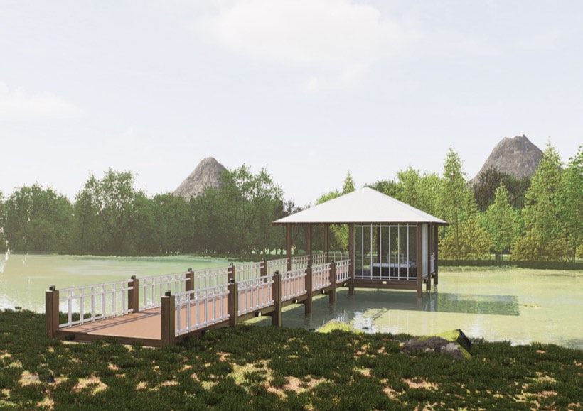 Waterside pavilion and boardwalk across the lake.